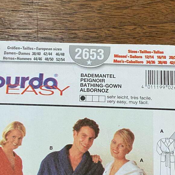 Burda sewing pattern #2653 unsex bathrobe UNCUT size US 12-20 - Picture 3 of 6